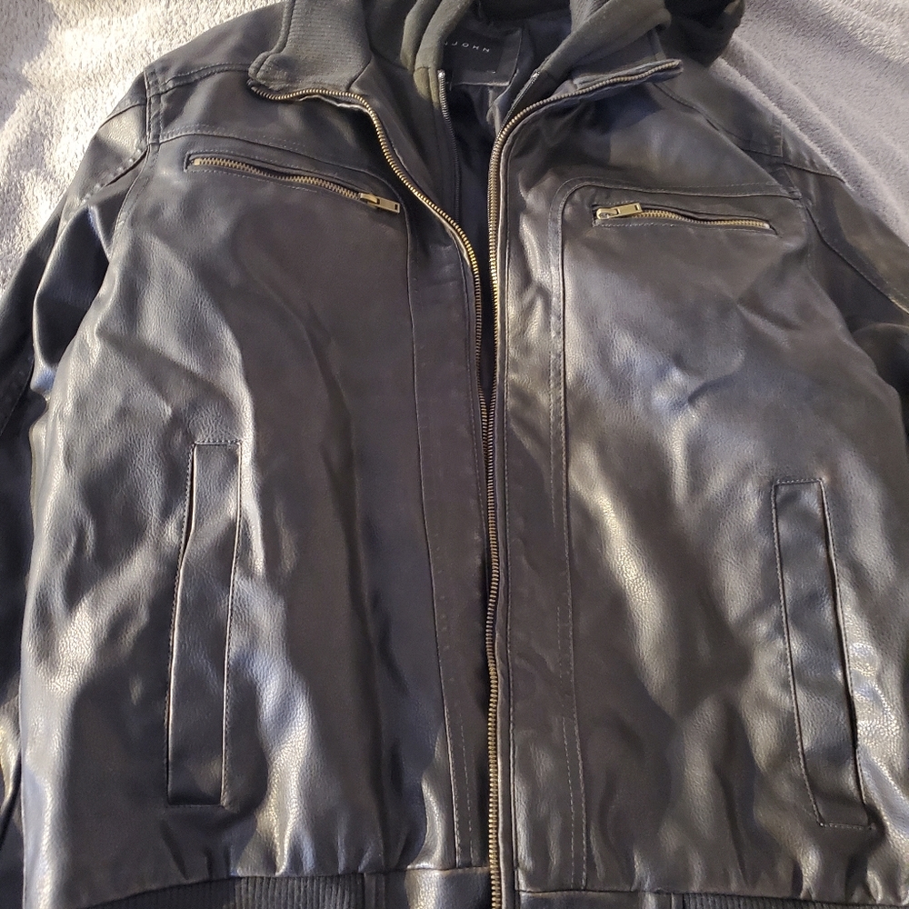 Black leather hooded jacket